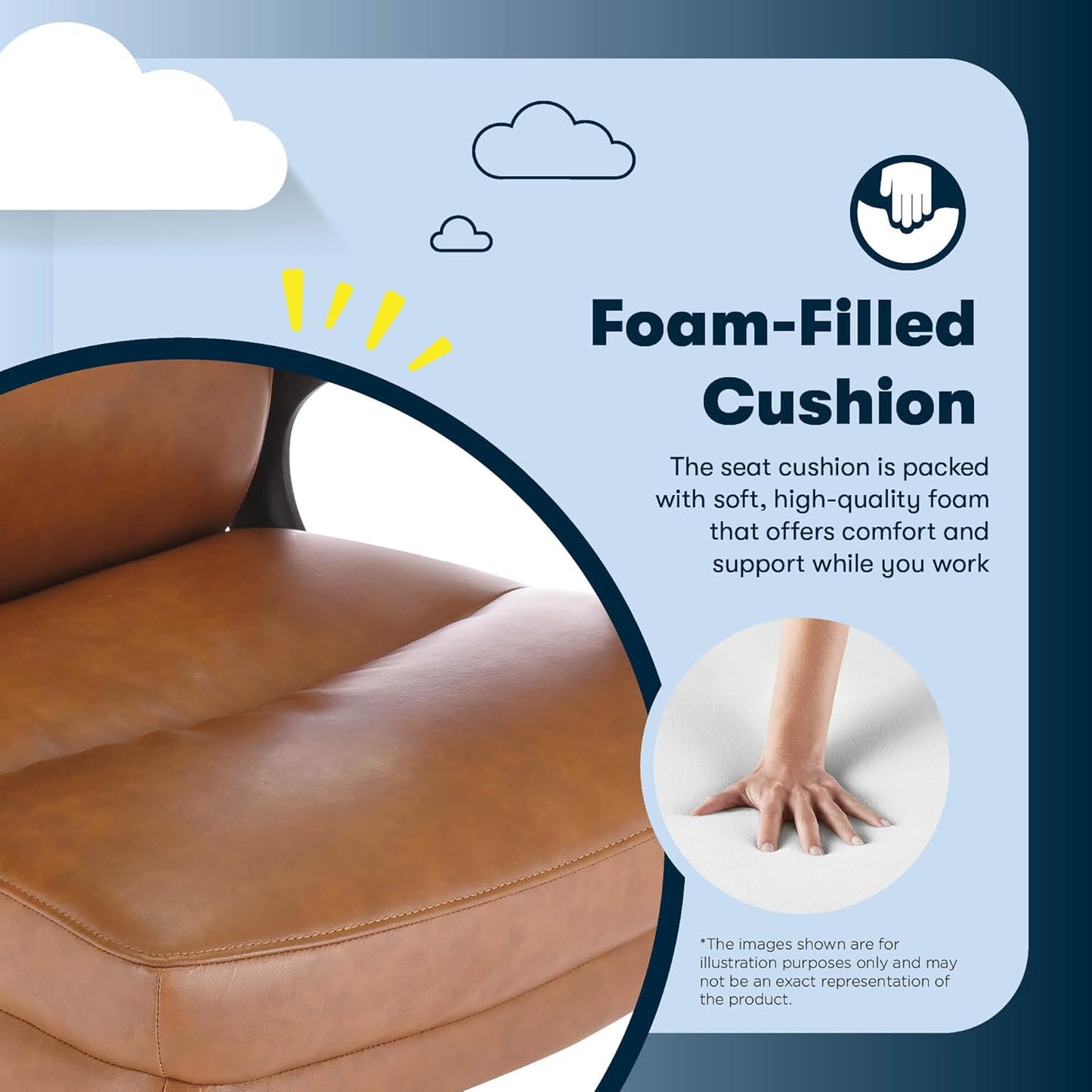 Comfort Executive Mid-Back Officechair, Semi Plush Cushion Seat, Padded Armrests, quality Foam, Metal Swivel Base, Ergonomic Computer Deskchair for Home or Office, Bonded Leather, Cognac