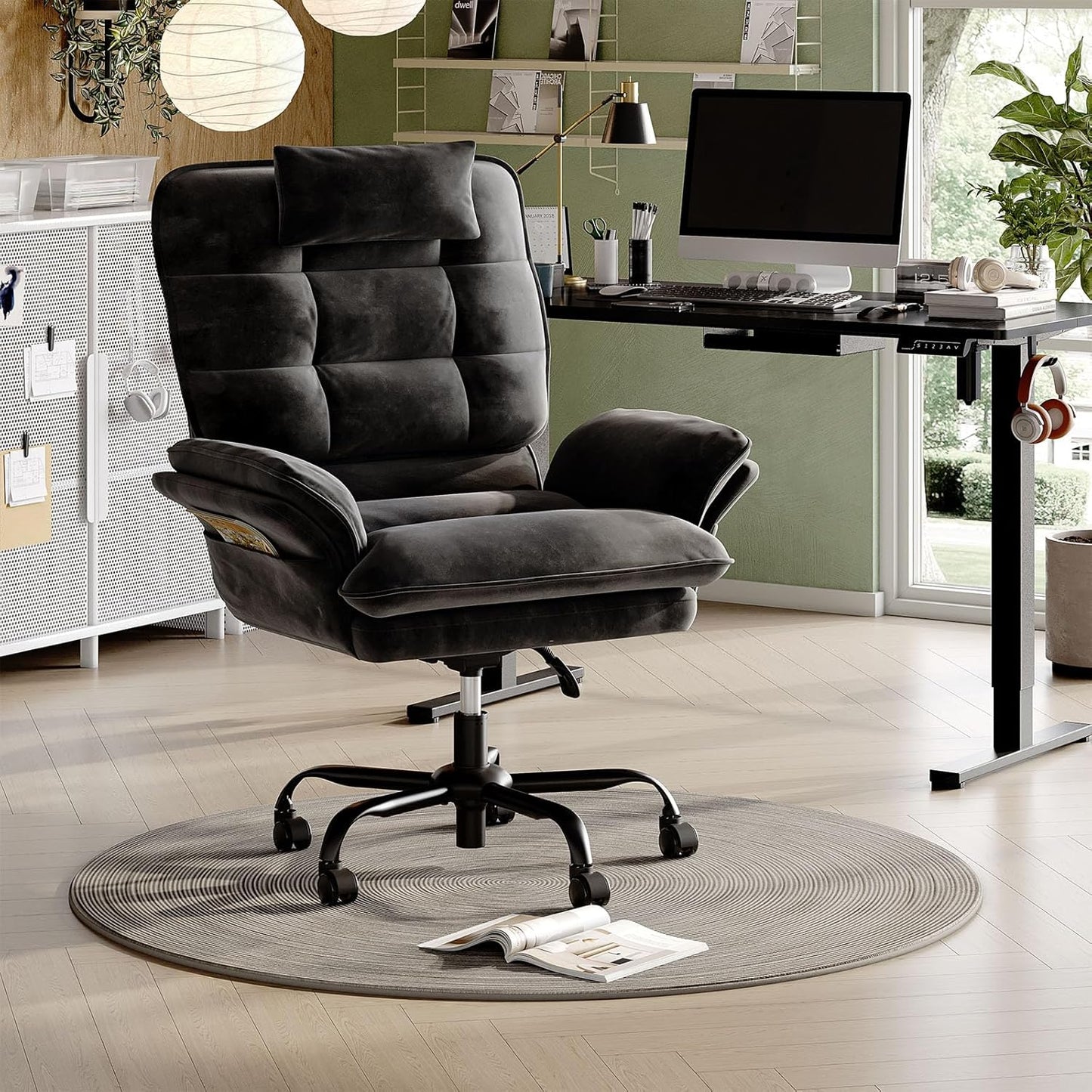 Cross Legged Office Chair, Criss Cross Chair with Adjustable Arms, 135° Reclining Velet Executive Chair with Wheels, Big and Tall Computer Desk Chair for Home, Office - Black