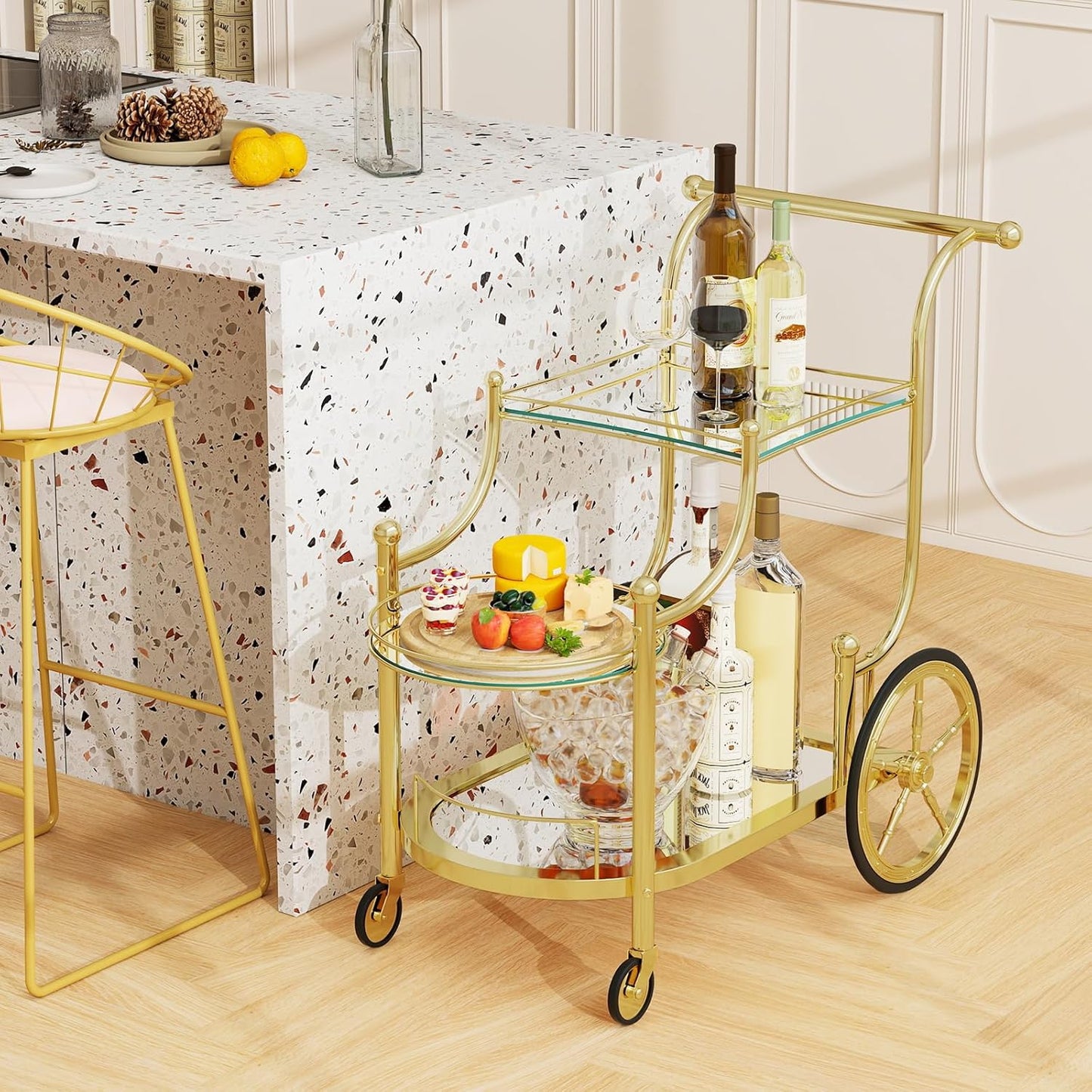 Bar Cart, 3-Tier Rolling Home Bar Serving Cart with Mirrored Shelves & 4 Wheels, Mobile Beverage & Wine Cart for Kitchen, Dining Room, Living Room (Gold)