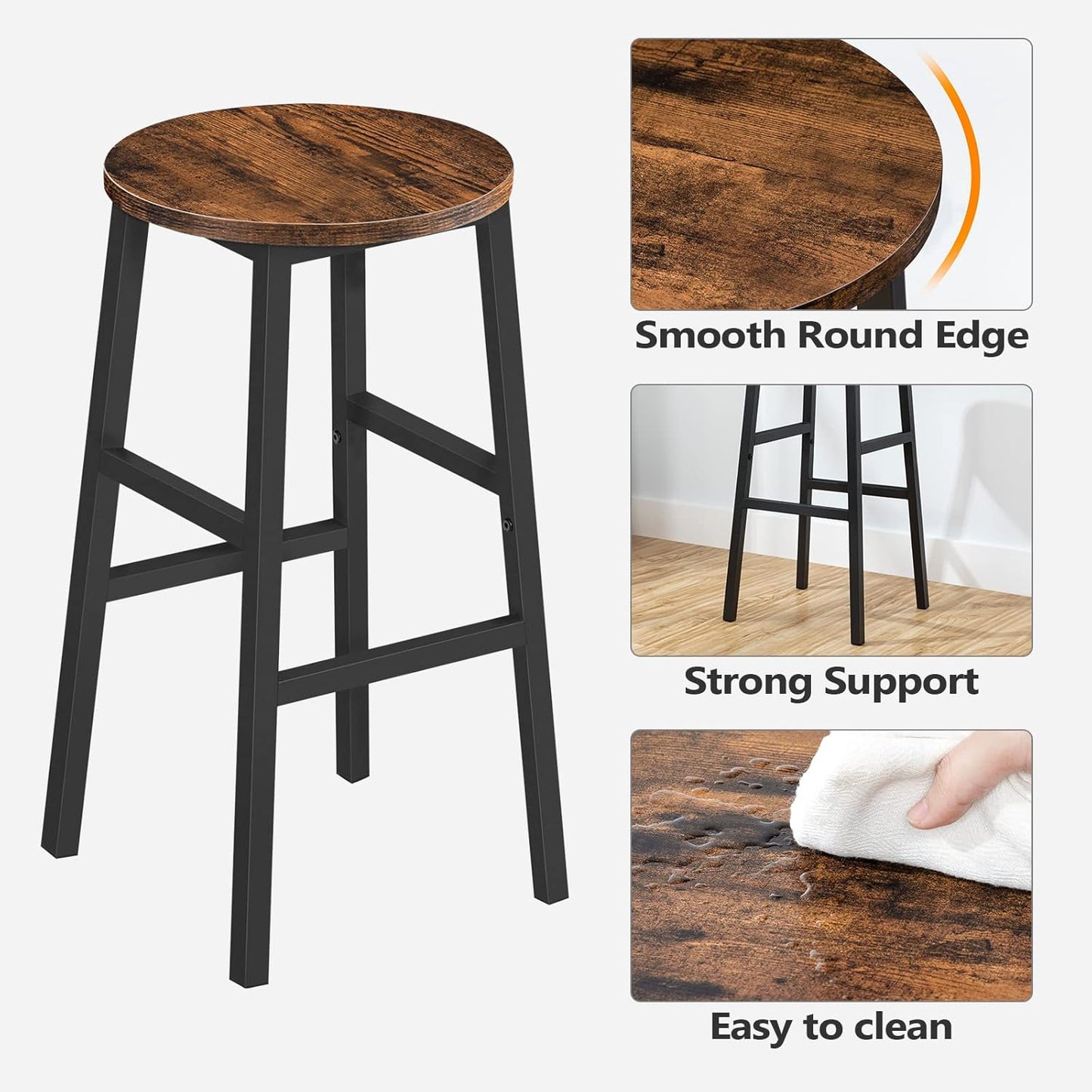 Bar Stools, Set of 2 round Bar Chairs with Footrest, 24.4 Inch Kitchen Breakfast Bar Stools, Industrial Bar Stools, Easy Assembly, for Dining Room, Kitchen, Rustic Brown BAHR0201Z