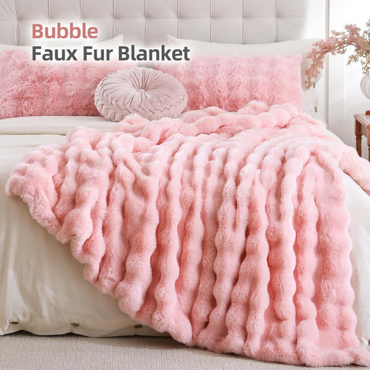 Faux Fur Throw Blanket for Couch – Blush Pink Fluffy Cozy Rabbit Fleece, Plush Soft Bubble Blanket for Sofa & Bed, for Mom, Warm Fuzzy Home Room Decor Throw 50" X 60"