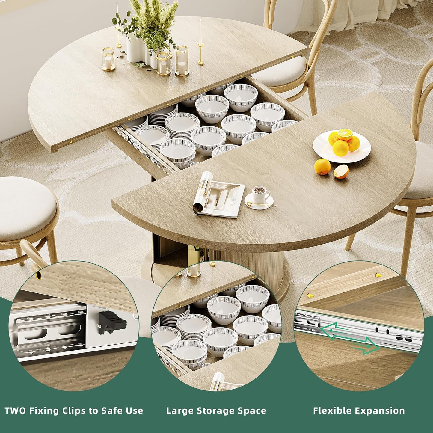 47-63In Extendable round Dining Table for 4-8 Modern round Kitchen Table Circle Dining Table with 2-Tier Storage Shelf, Space Saving Expandable Wood Oval for Living Room Walnut Oak