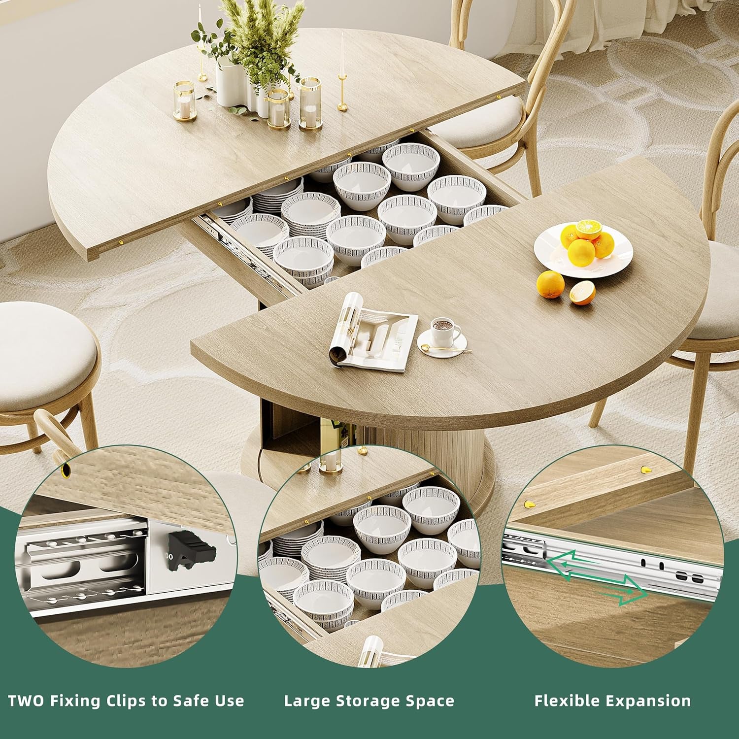 47-63In Extendable round Dining Table for 4-8 Modern round Kitchen Table Circle Dining Table with 2-Tier Storage Shelf, Space Saving Expandable Wood Oval for Living Room Walnut Oak