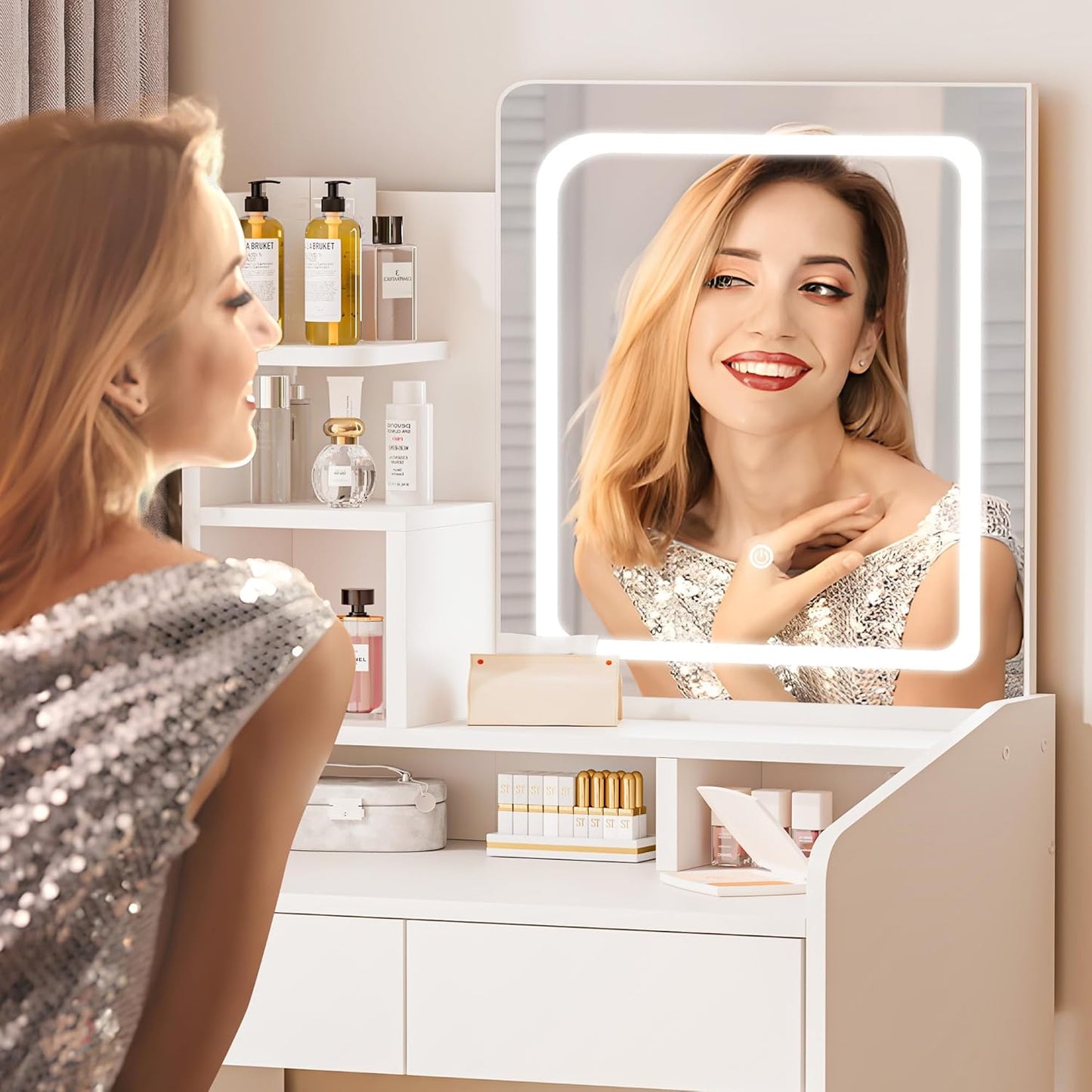 Small Makeup Vanity Desk with Lighted Mirror, White, 23.62" W X 15.74" D X 53.93" H (Smart LED Mirror, Open Shelves, 2 Drawers)