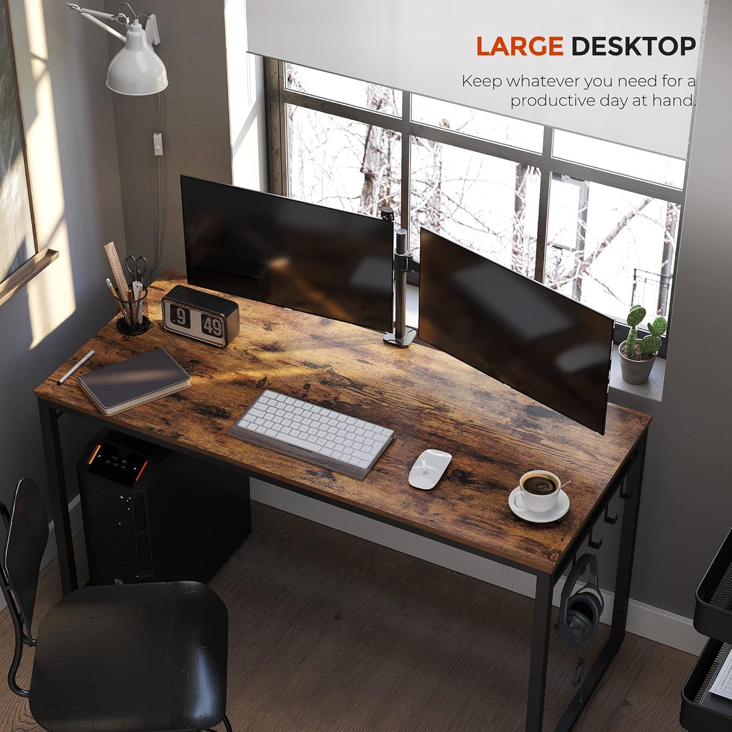 Computer Desk, Office Desk with 8 Hooks, for Study, Home Office, Easy Assembly, Industrial Design, 55.1 X 23.6 X 29.5 Inches, Greige and Black ULWD059B02