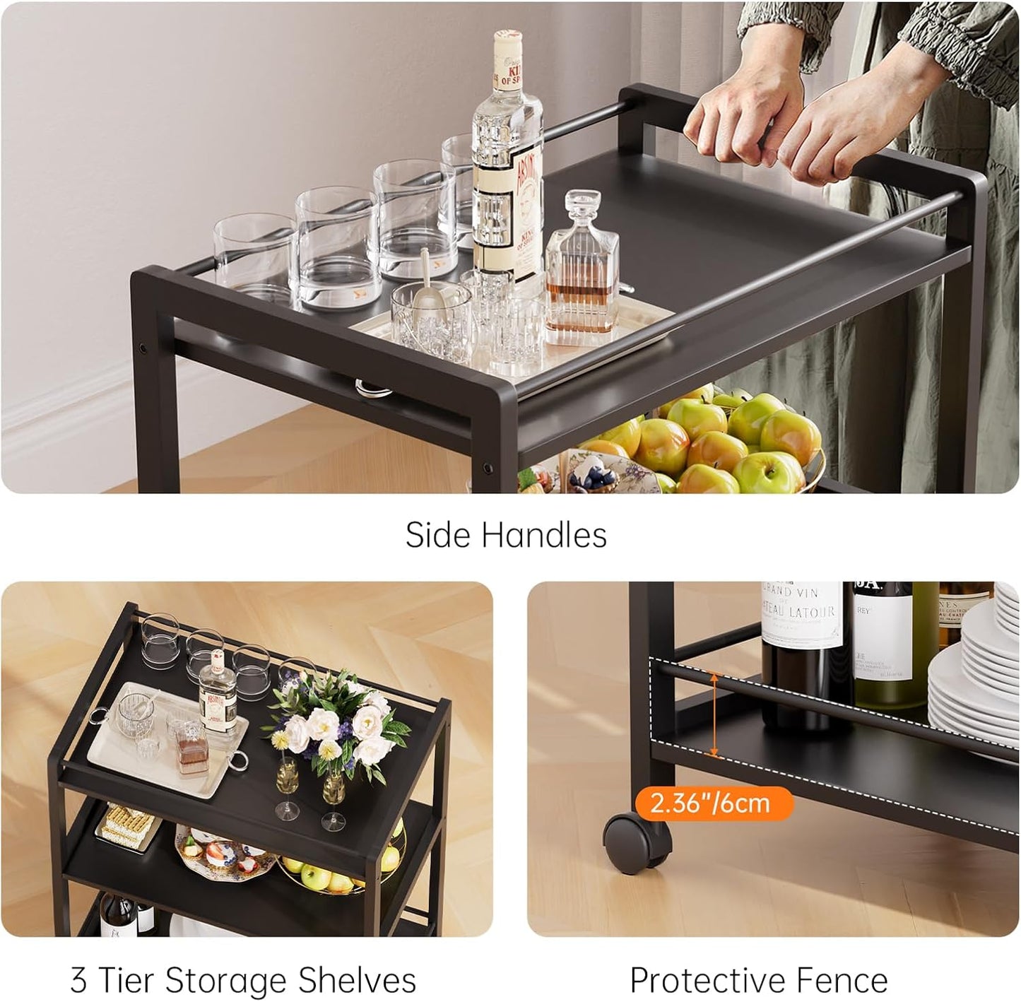 Bar Cart Black, Serving Cart for Home, 3 Tier Drinks Cart with Wheels, Rolling Beverage Cart for Kitchen Dining Living Room