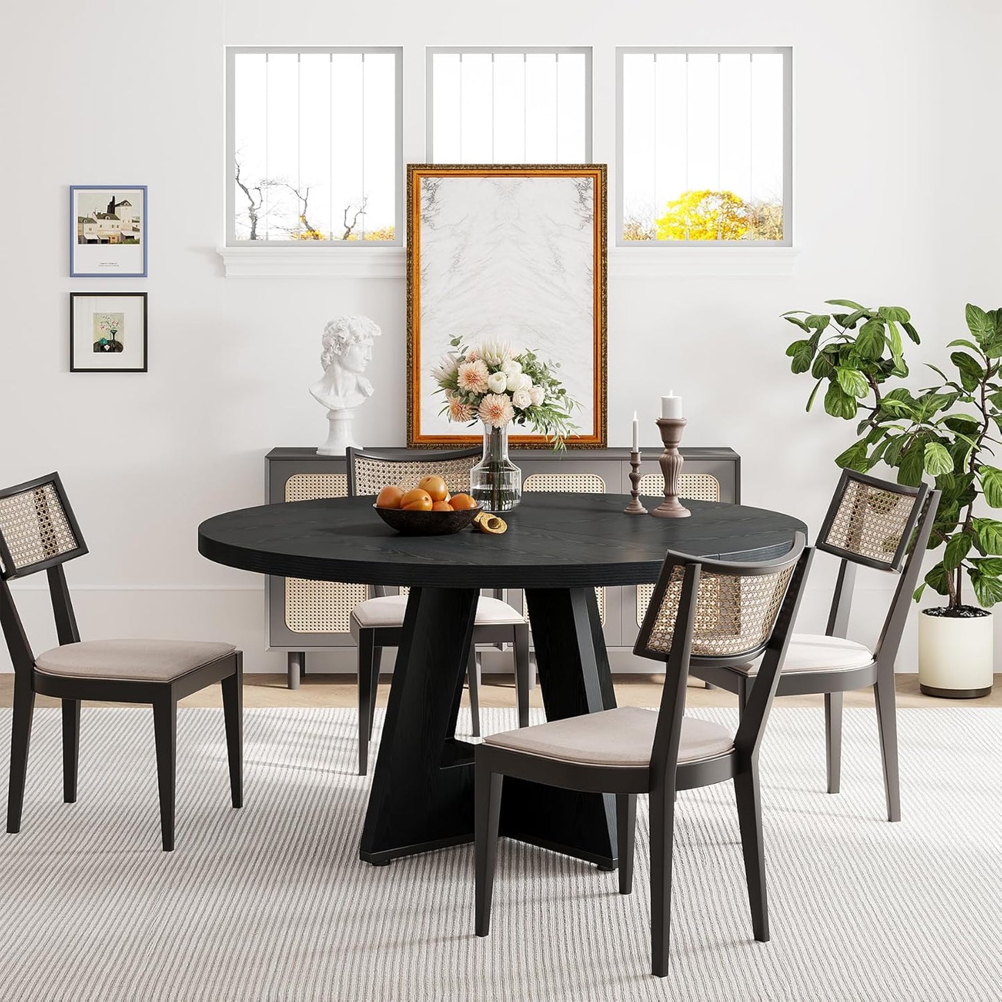 round Dining Table Wood Kitchen Table for Dining Room, 47 in Dinning Room Tables for 4 Man, Farmhouse Dinner Table with Wooden Tabletop and Cross Base, Black