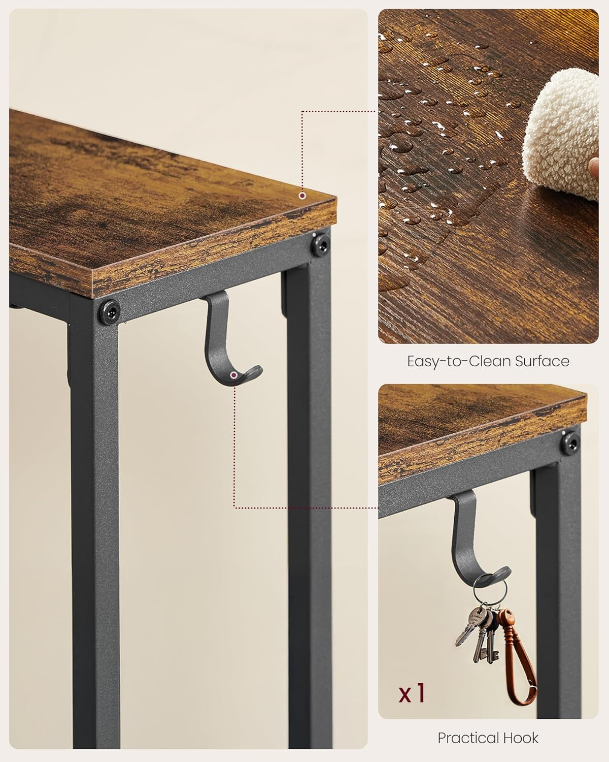 Console Table with Power Outlet, Slim behind Couch Sofa Table, 5.9 X 39.4 X 31.5 Inches, 1 Hook, Easy Assembly, for Entryway, Living Room, Rustic Brown and Ink Black ULNT079K01