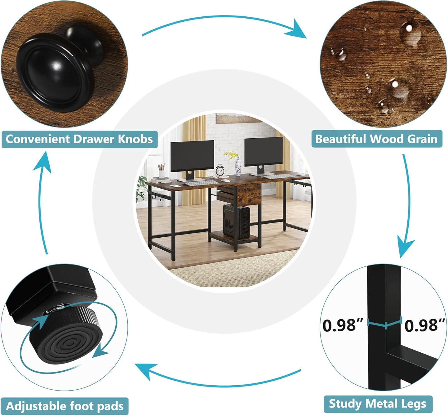 Two Person Desk, 79 Inch Double Desk with 2 Drawers, Large Computer Desk Long Desks with Storage Shelves, Writing Table Study Desk for Home Office, Rustic Brown (NY001)