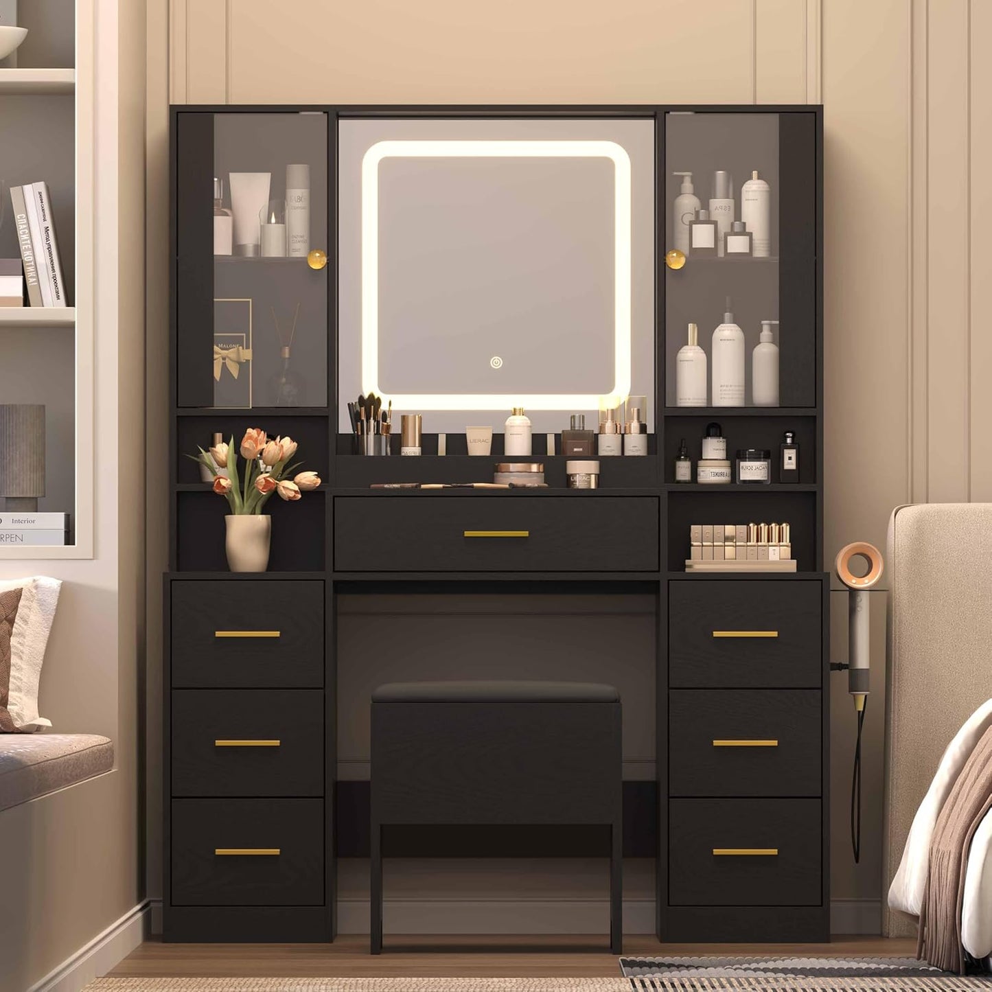 Black Makeup Vanity Desk with Mirror & Lights, Modern Vanity Table with Charging Station, 7 Drawers, Glass Cabinet, Shelves & Cushioned Stool, Bedroom Dressing Table Set for Women & Girls