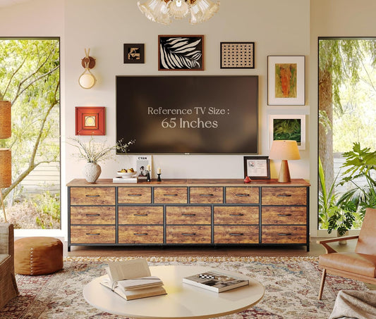77.6" Long Dresser for Bedroom, 16 Drawer Fabric Dresser for Closet, Wide Chest of Drawers with Storage, TV Stand for 65, 75, 85 Inch TV, 77.6" W X 12.9" D X 26.7" H, Rustic Brown