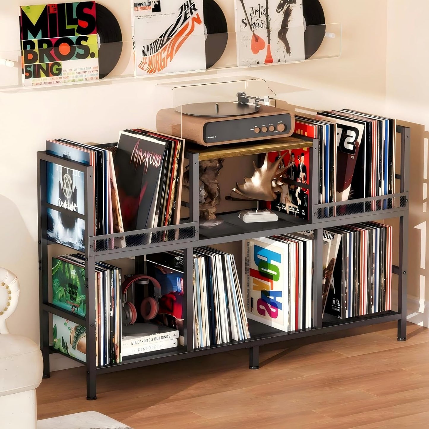 Record Player Stand, Turntable Stand with 3-Compartment Vinyl Storage Cabinet, Holds 300+ Albums, Sturdy Record Player Table for Living Room & Music Room
