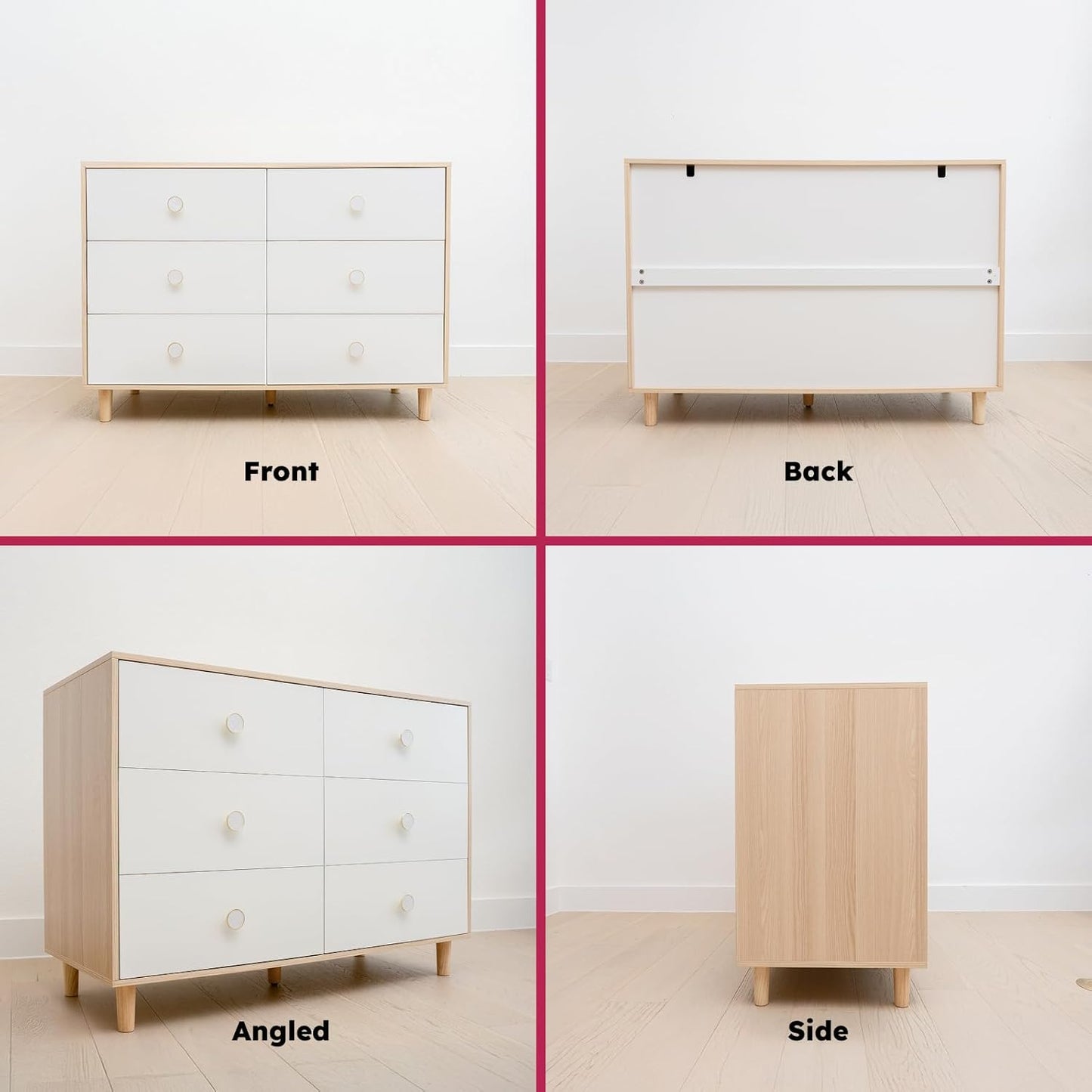 Baby Dresser for Nursery, Kids, and Bedroom – 6 Drawer White Wood Dresser with Solid Wood Legs, Storage for Clothes and Baby Essentials, White