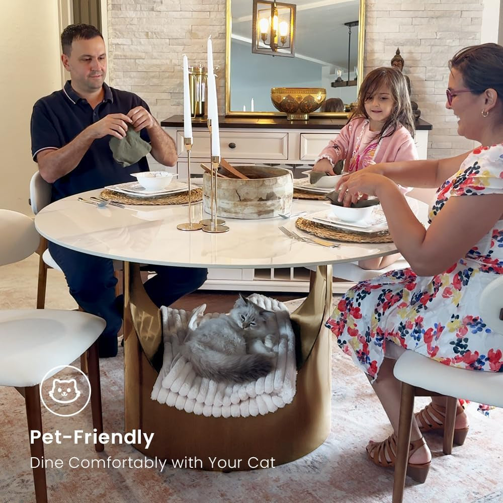 59" round Dining Table for 6, Glossy White Sintered Stone Dining Tabletop with Bronze Carbon Steel Pedestal, Modern Dining Room Table for Living Room, Kitchen (Table ONLY)