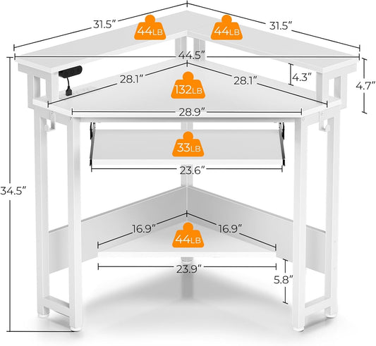 Corner Desk, 44.5" W X 34.5" H Small Computer Desk with Power Outlets, Gaming Desks with LED Lights, Triangle Corner Table with Keyboard Tray & Monitor Stand for Small Space, White