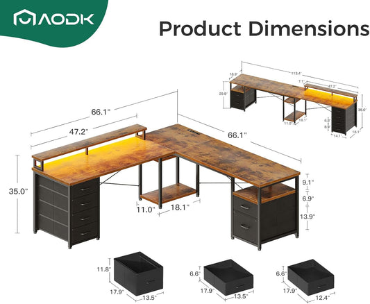 66" L Shaped Computer Desk, 113“ Reversible Home Office Desk with File Cabinet & 4 Fabric Drawers, Two Person Desk with LED Lights & Power Outlet, Corner Gaming Desk with Monitor Shelf, Vintage