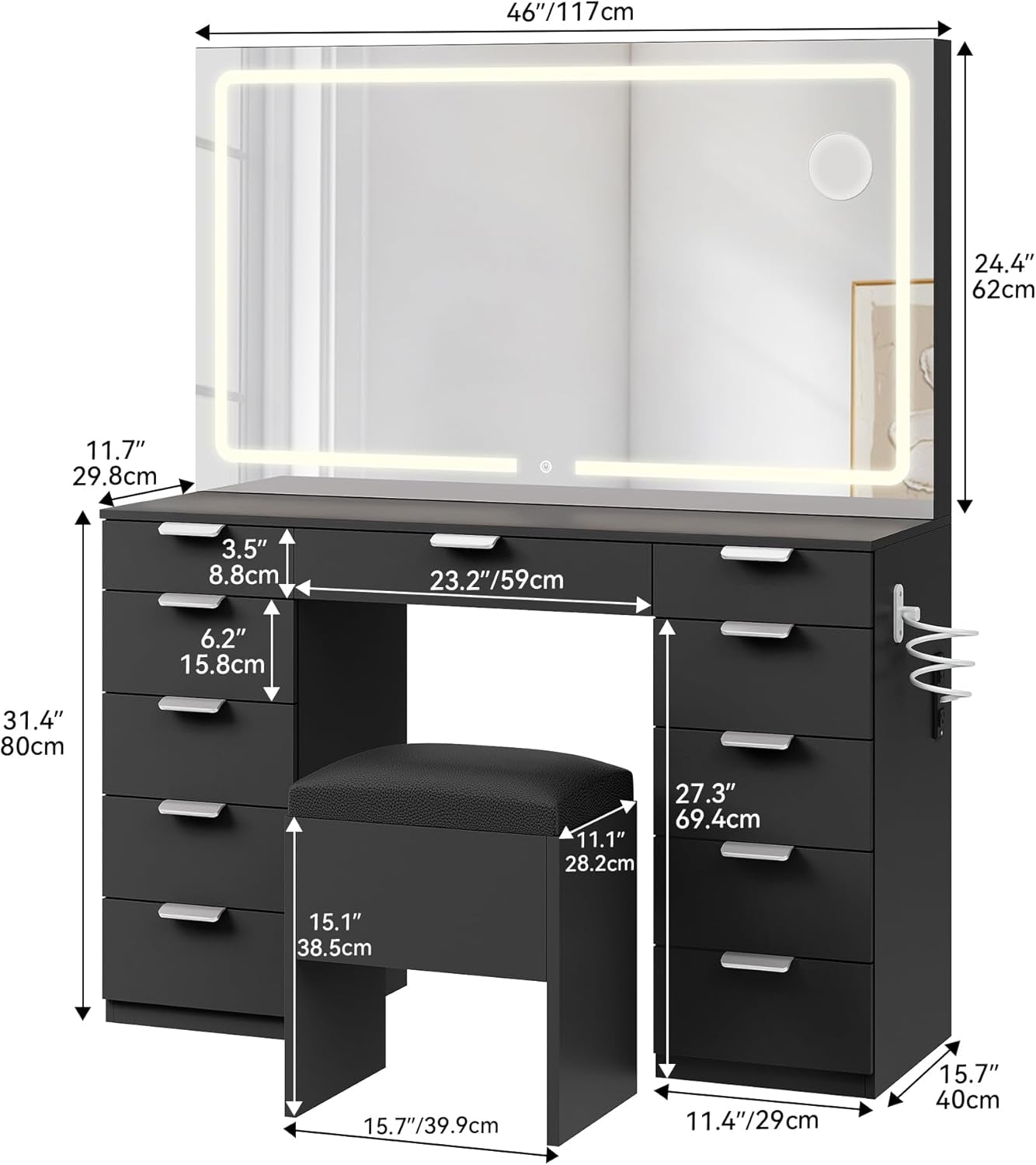 46'' Vanity Desk with Large LED Lighted Mirror & Charging Ports, 11-Drawer Makeup Table Set with Storage Stool for Dressing Room, 3 Lighting Modes Brightness Adjustable, Black Finish