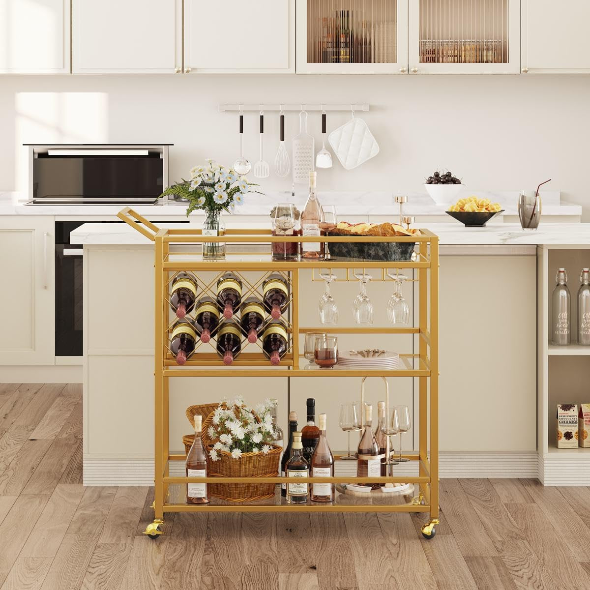 Bar Cart Gold, Home Bar Serving Cart with Wine Rack and Glasses Holder, Wine Carts on Wheels with 3 Tier Mirrored Shelves for Liquor and Beverage (Gold)