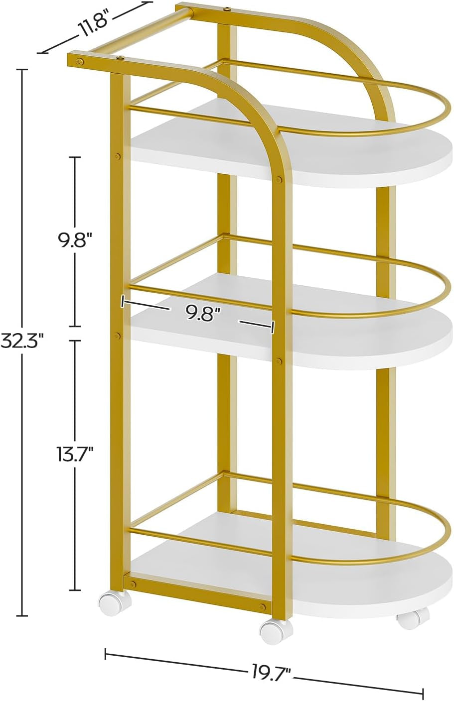 3-Tier Bar Cart, Home Bar Serving Cart with Fence and Wheels, for Dining Room, Living Room, Garden, Party, White and Gold BC06DW