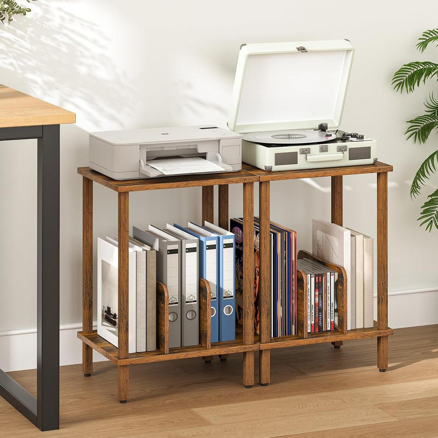 Record Player Stand, 2-Tier End Table, Vinyl Record Turntable Stand with Storage up to 100 Albums, Small Side Table for Living Room, Bedroom, Rustic Brown, FG05RS01