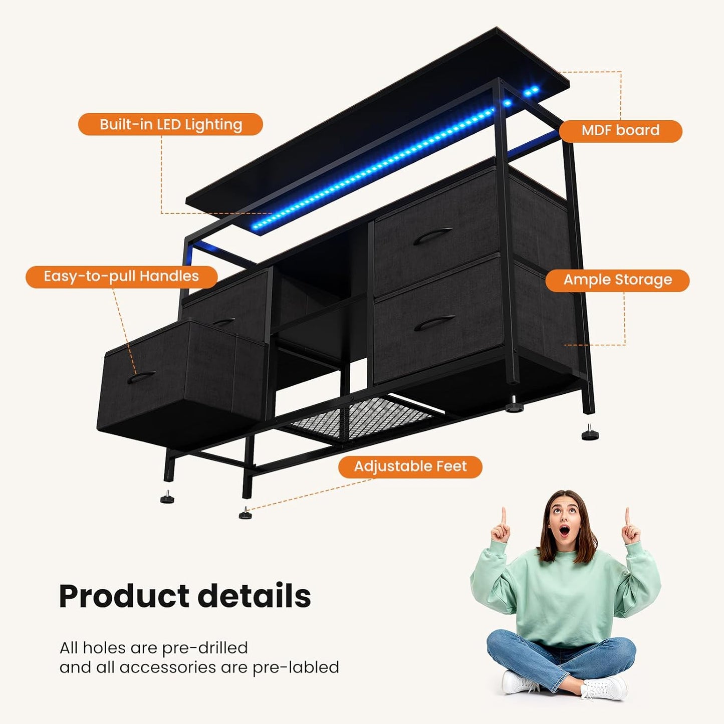 TV Stand Dresser for Bedroom 4 Drawers Entertainment Center with LED Lights and Power Outlets Media Console for 50 Inch TV Living Room Furniture with Open Shelf Adjustable Feet, Black