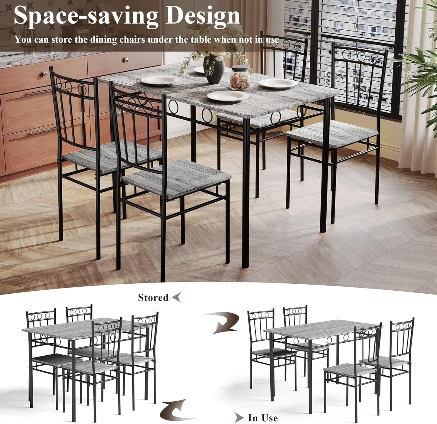 5 Piece Dining Table Set, Modern Metal&Wood Kitchen Dinner Table with 4 Chairs, Dining Room Table Sets for Small Spaces, Gray