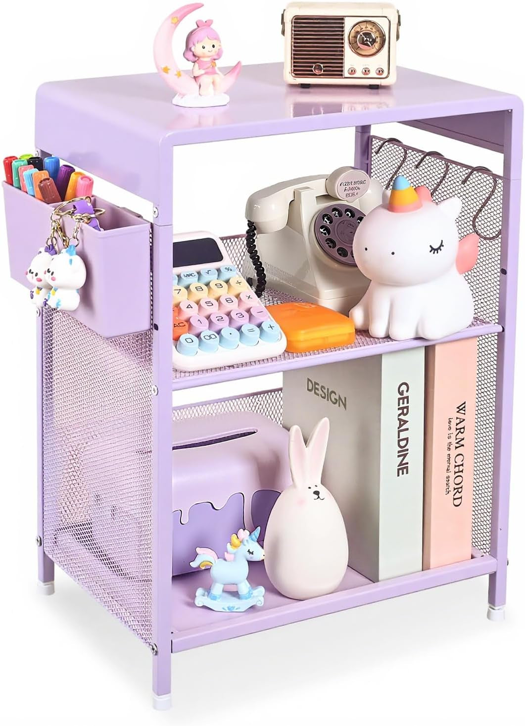Nightstand, End Table with Hooks and Holder, Kids Nightstand for Bedroom, Toddler Bedside Table, Small Pink Desk for Girls, Coffee Table for Living Room, Dorm, Office (Purple)
