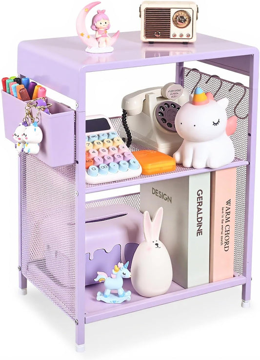 Nightstand, End Table with Hooks and Holder, Kids Nightstand for Bedroom, Toddler Bedside Table, Small Pink Desk for Girls, Coffee Table for Living Room, Dorm, Office (Purple)
