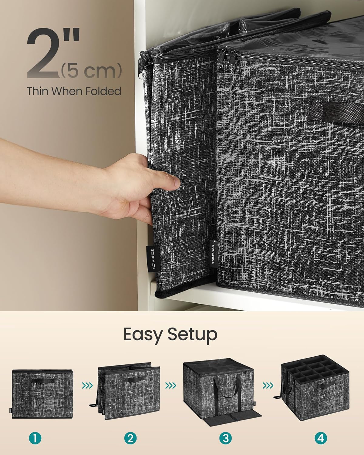 Ink black fabric shoe storage bin with handles and clear cover, view 6