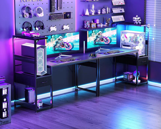 48 Inch Gaming Desk with Storage & LED Lights, Reversible Computer Desk with Display Shelves & Fabric Drawer, Modern Gamer Desk Table with Side Headphone Hook, Carbon Fiber Black