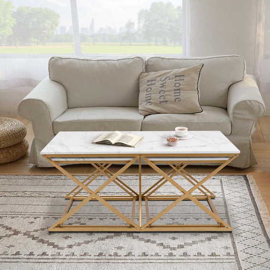 Modern Nesting Coffee Table Set of 3, Faux Marble Top with Golden Frame, Coffee Table with 2 Square End Side Tables, Perfect for Living Room, Apartment, Office