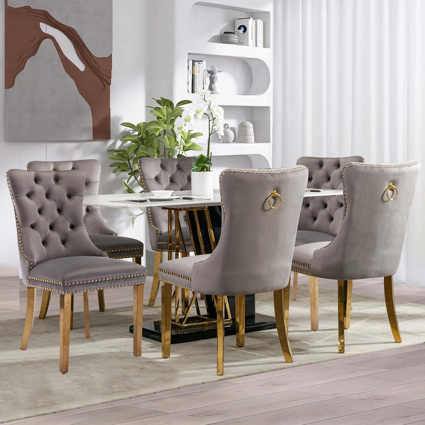 Velvet Dining Chair Set of 4, Upholstered Tufted Dining Room Chair with Nailhead Trim and Solid Gold Plated Leg for Kitchen (Grey)