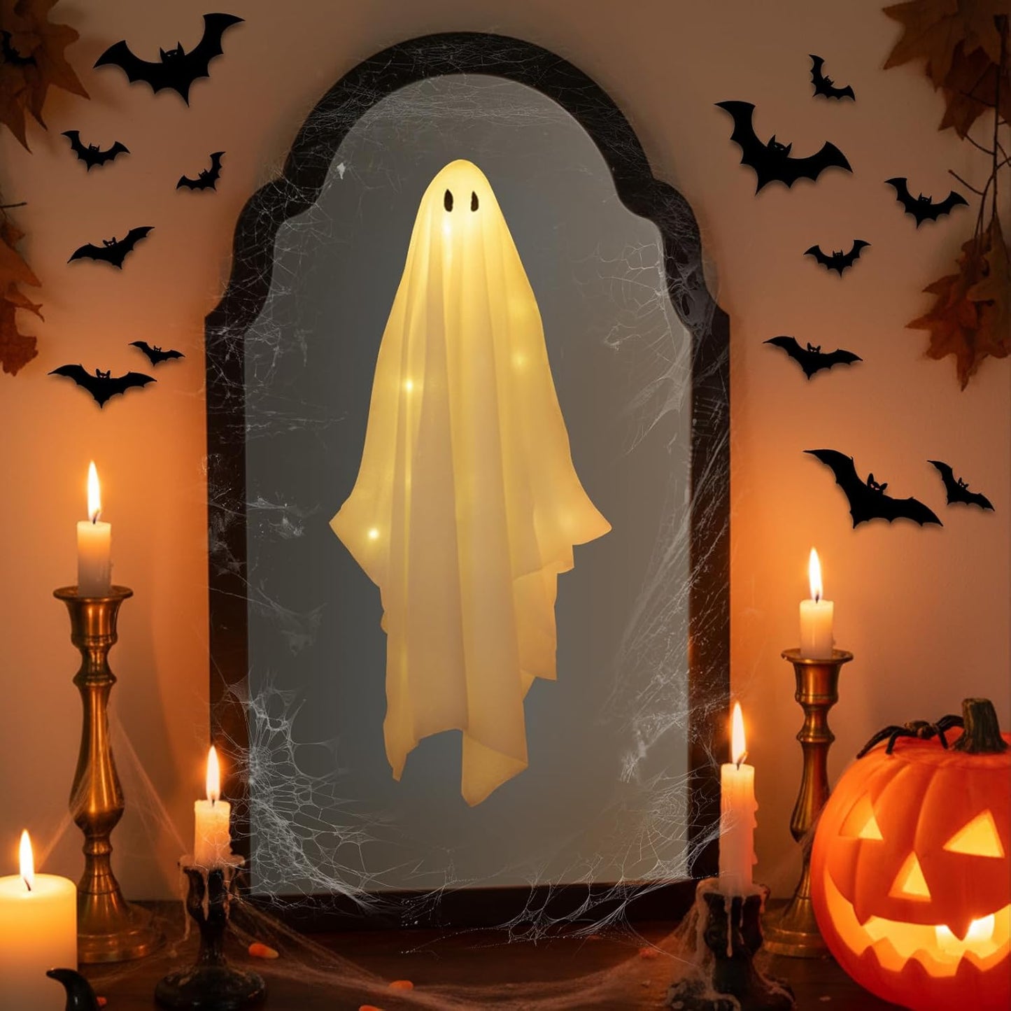 21.6" X 12.9" Halloween Ghost Mirror, Ghost Hologram Mirror with Remote, Spooky Halloween Ghost Decoration Indoor for Wall Mantle, DIY Haunted House Props-Wavy Border