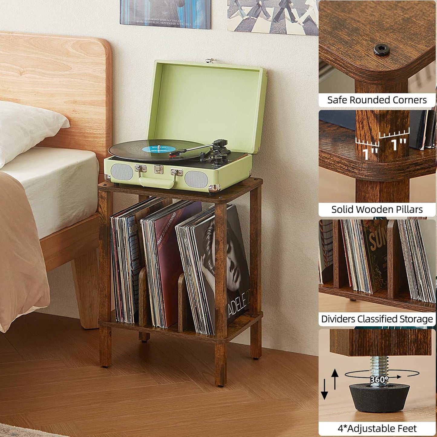 2-Tier Record Player Stand with Vinyl Record Storage up to 100 Albums, Bedroom Record Holder and Multi-Functional End Table for Living Room, Brown