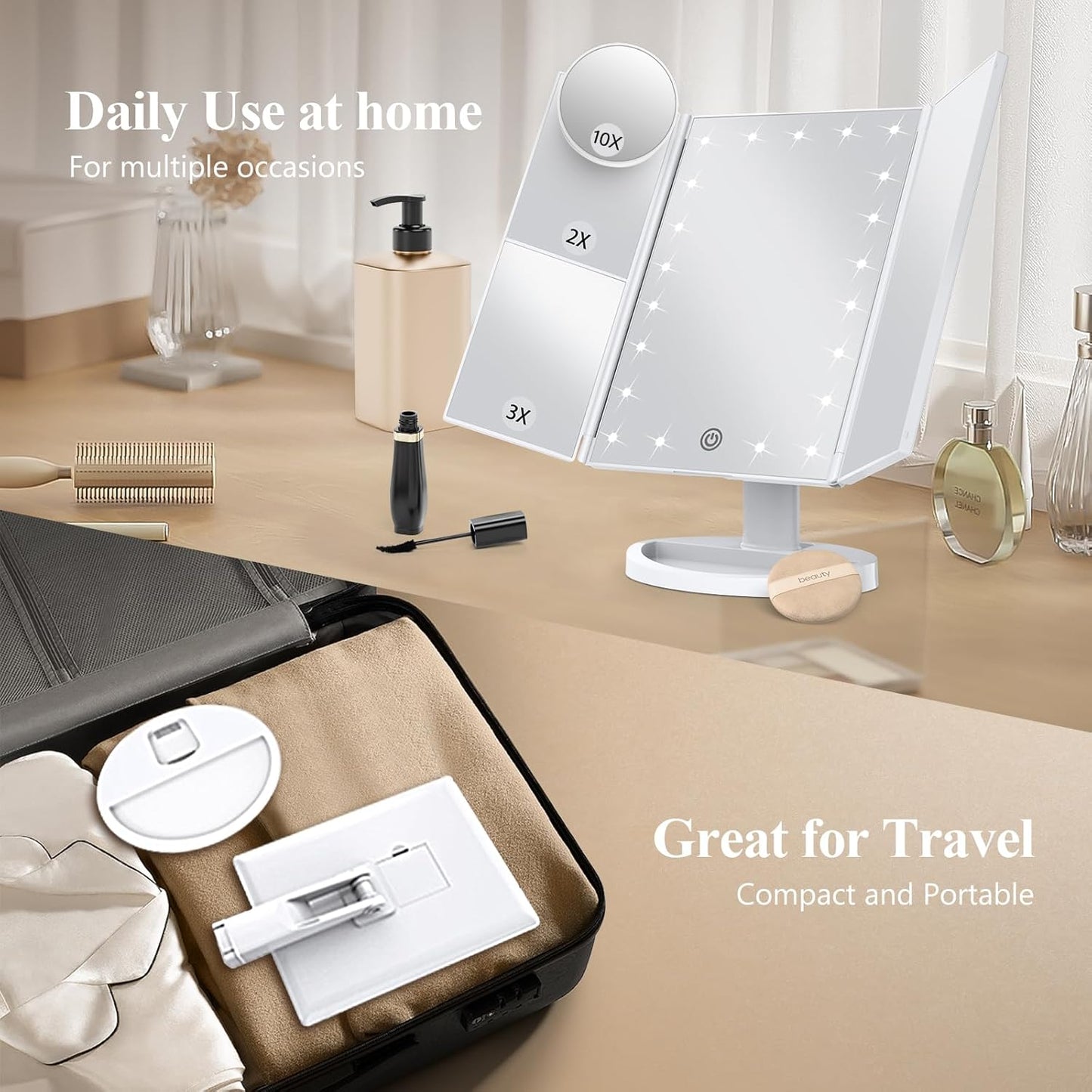 Makeup Mirror Vanity Mirror with Lights, 2X, 3X, 10X Magnification, Touch Control, Trifold, White, 9.4" L X 13.4" W, Modern Style, Dresser Mount, Bathroom