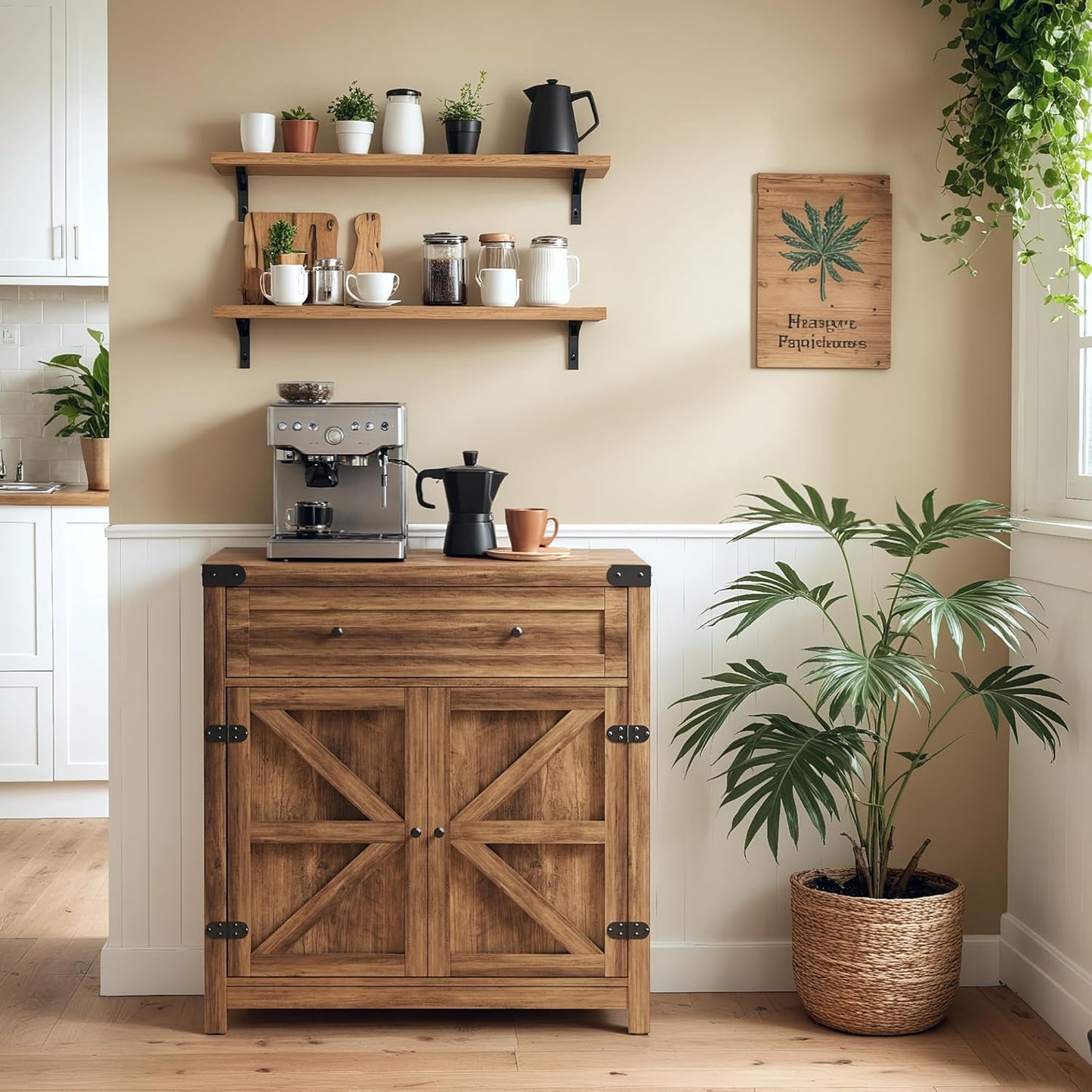 Coffee Bar and Accent Cabinet, Farmhouse Barn Door Buffet Sideboard with Drawer and Adjustable Shelf, Wide Desktop for Kitchen, Dining Room, Bathroom, Entryway, Brown