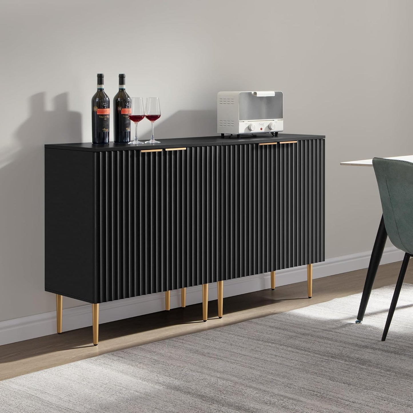 57" Modern Sideboard Buffet Cabinet - Elegant Storage Credenza with 4 Doors & Adjustable Shelf, Space-Saving Console Coffee Bar Table for Entryway, Kitchen, Living Room or Hallway