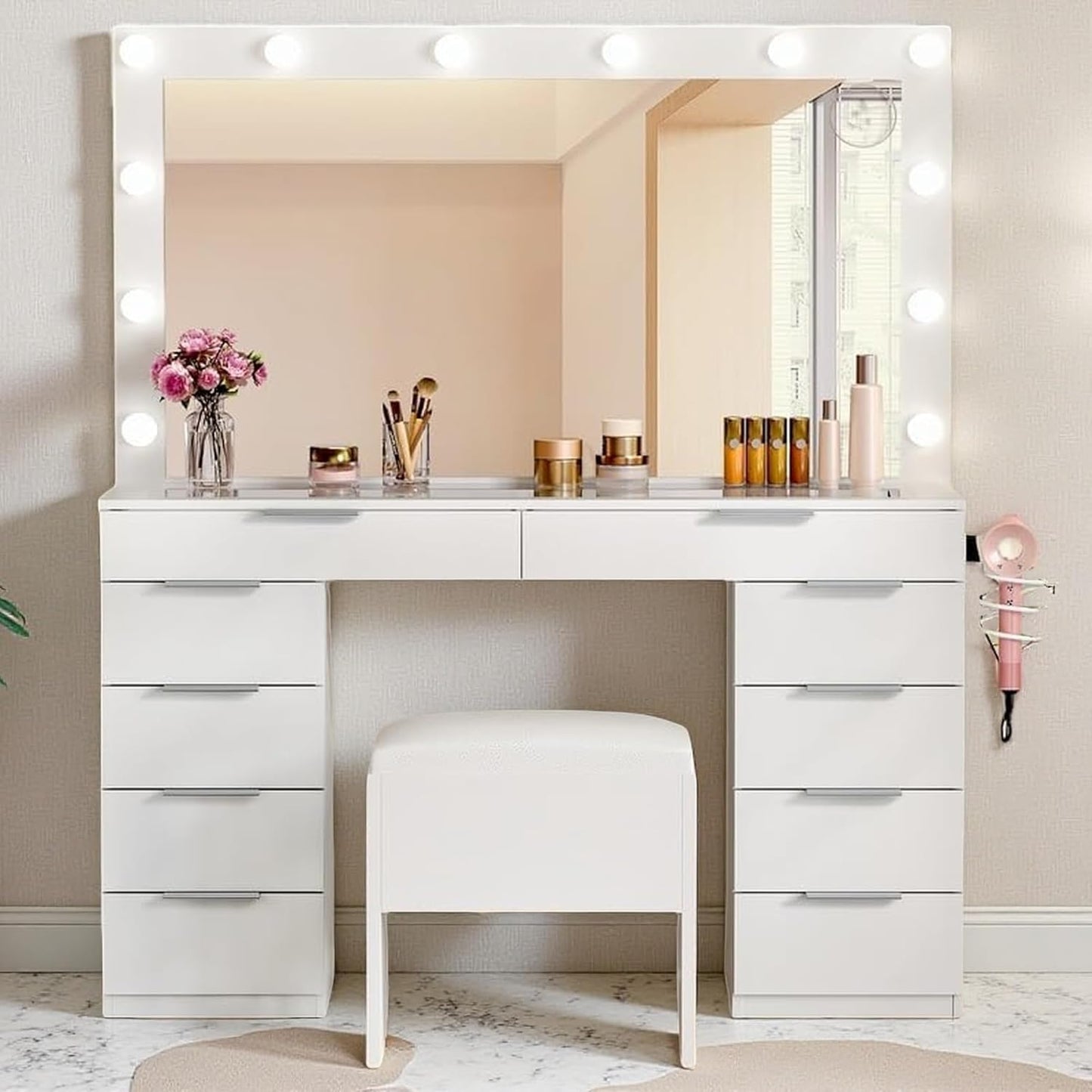 46'' Glass Top Makeup Vanity with 10 Drawers, Vanity Desk Set with Large LED Mirror, Built-In Charging Station & Cushioned Storage Chair, Dressing Table with 3-Color Light Modes, Cream White