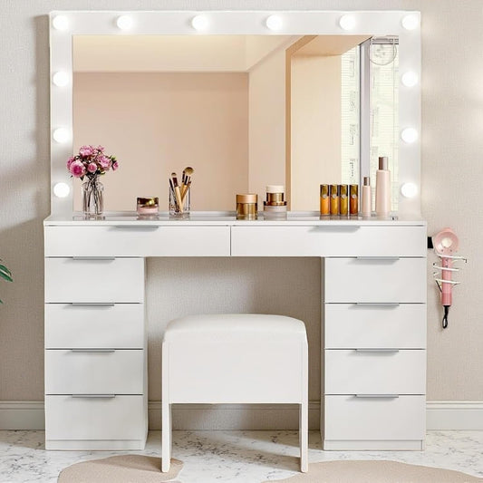 46'' Glass Top Makeup Vanity with 10 Drawers, Vanity Desk Set with Large LED Mirror, Built-In Charging Station & Cushioned Storage Chair, Dressing Table with 3-Color Light Modes, Cream White