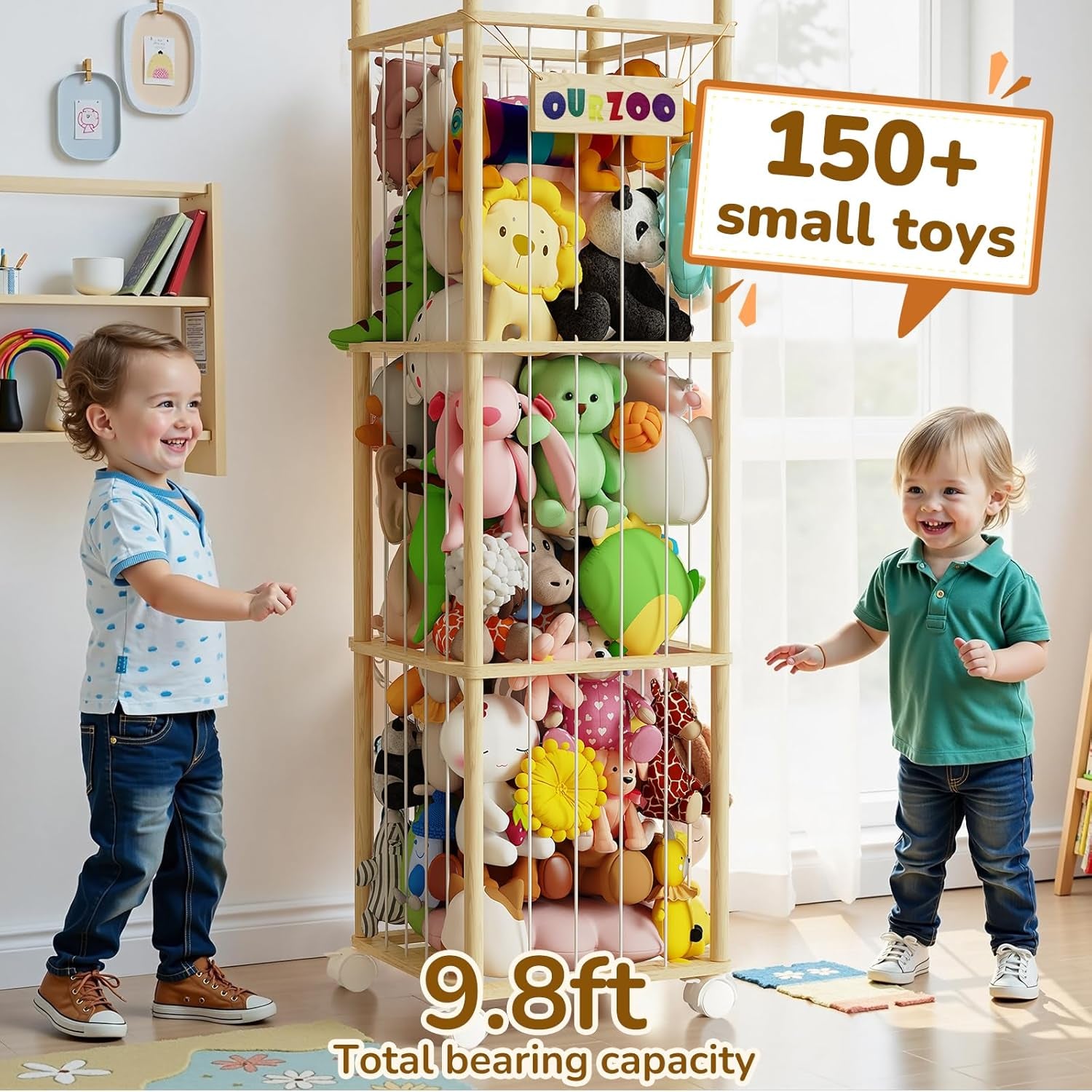 Stuffed Animal Storage Zoo with Wheels and Twinkling Bee String Lights, 55.12Inch Large Wooden Stuffed Animal Storage & Organizer with Elastic Cord Kids Plush Toy Storage for Nursery Playroom