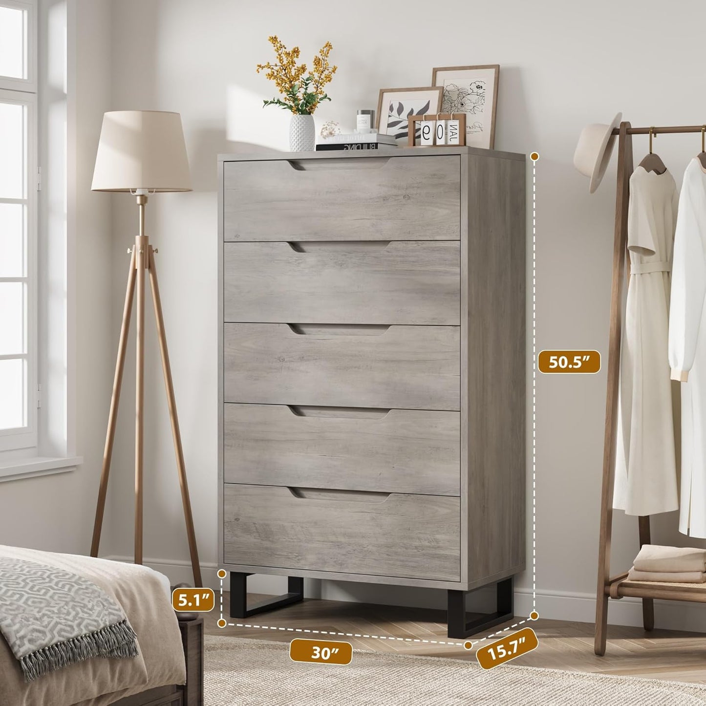 5 Dresser for Bedroom, 50.5" Tall Dresser, Freestanding Vertical Drawer with Storage, Wooden Closet Chest Storage for Living Room, Hallway, Entryway, Ash Grey