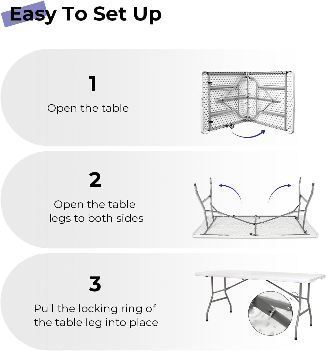 Folding Table 6Ft Portable Heavy Duty Plastic Fold-In-Half Utility Foldable Table Plastic Dining Indoor Outdoor for Camping, Picnic and Party, White