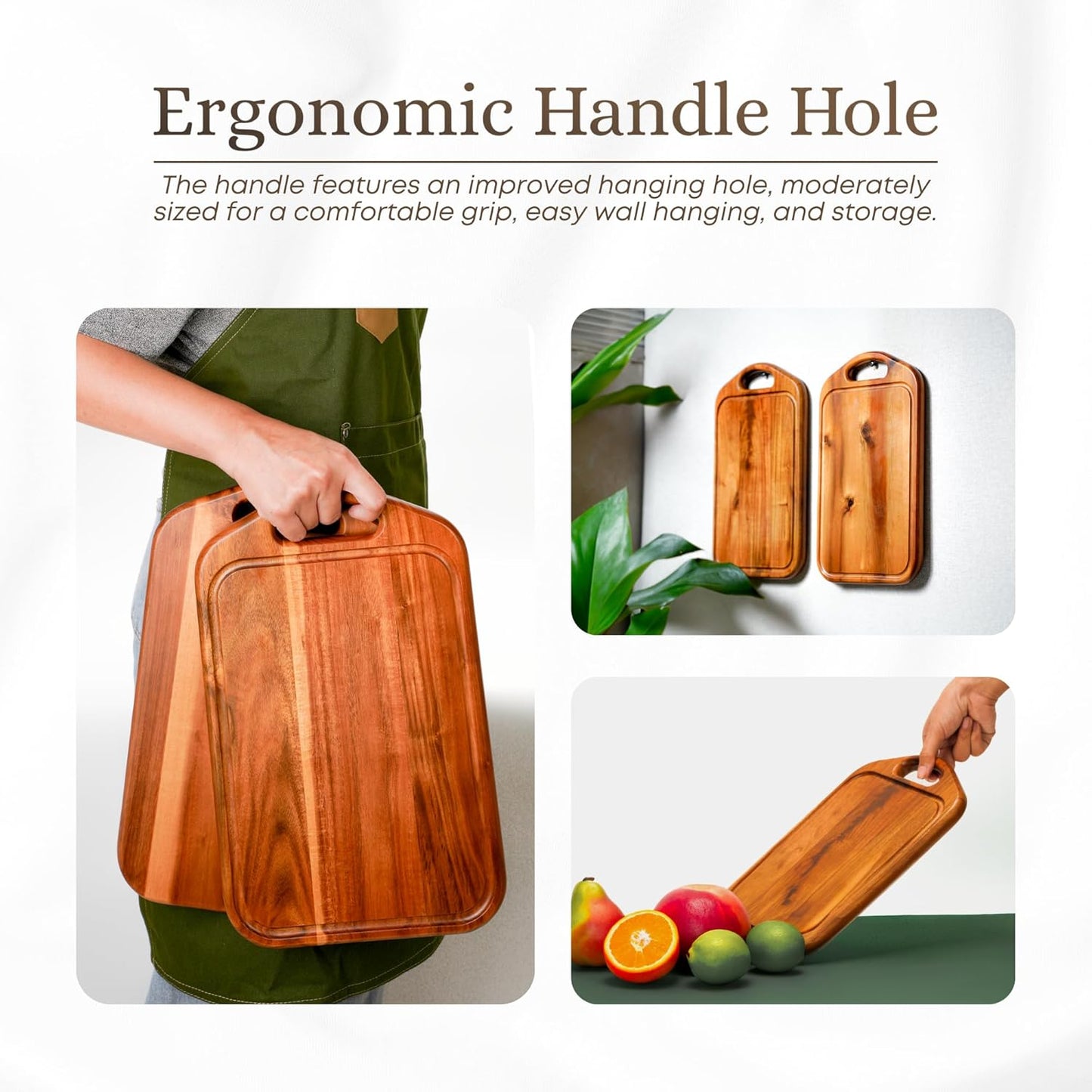 Acacia Wood Cutting Board with Juice Groove, Hanging Hole & Grip Handle for Meat, Vegetables and Cheese, Knife Friendly, Caperci Better Wood Chopping Board