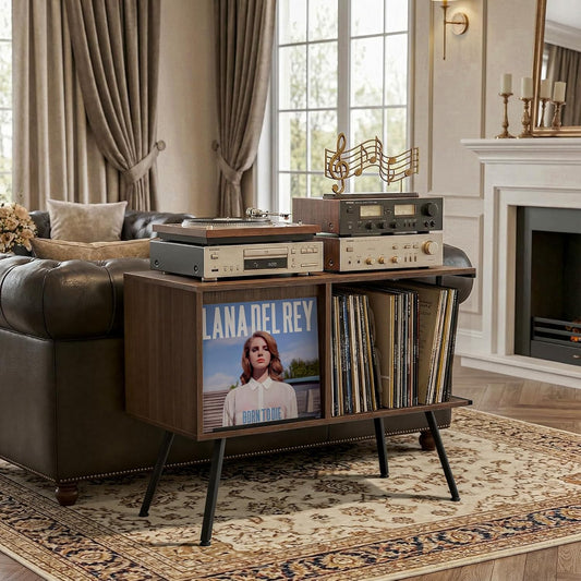 Flip Top Record Player Stand, Large Turntable Stand Holds up to 150+ Albums, Vintage Mid Century Record Player Table, Stereo Cabinet with Open Storage, for Living Room, Bedroom, Walnut
