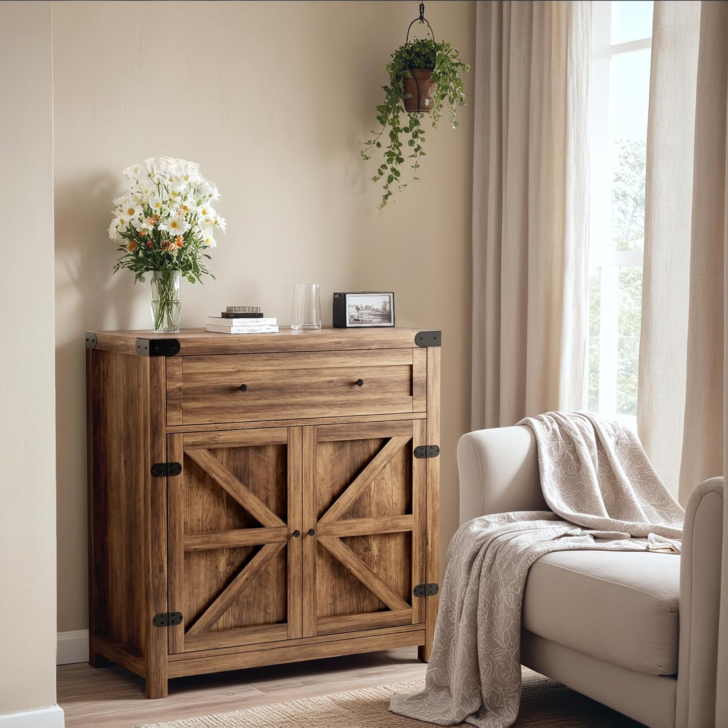 Coffee Bar and Accent Cabinet, Farmhouse Barn Door Buffet Sideboard with Drawer and Adjustable Shelf, Wide Desktop for Kitchen, Dining Room, Bathroom, Entryway, Brown