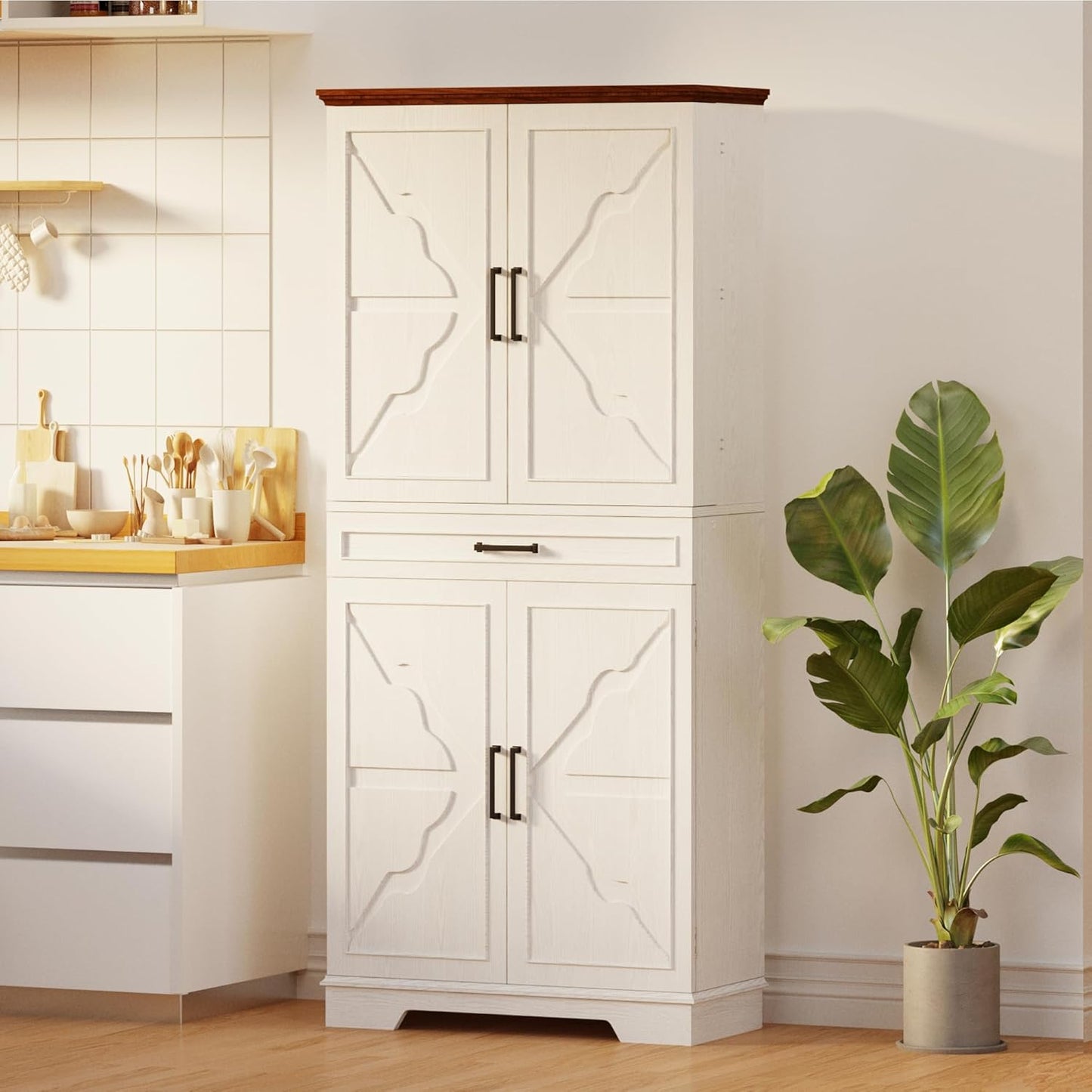 Farmhouse Kitchen Pantry Cabinet, 72" Height Tall Freestanding Cupboard with Sliding Storage Rack and 6 Hanging Shelves for Kitchen, Dining Room, White
