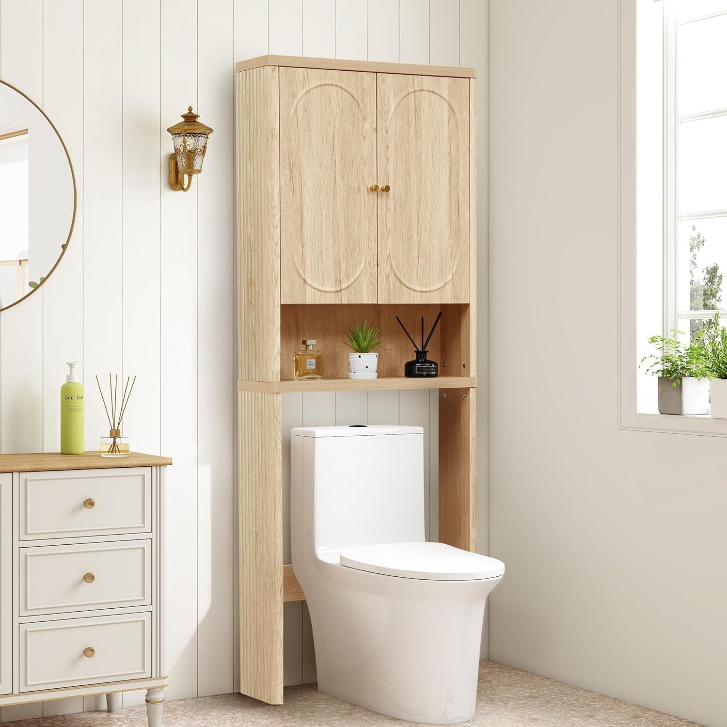 Fluted over the Toilet Storage Cabinet, Bathroom Toilet Storage Cabinet with Door, Wood Curved over the Toilet Space Saver Cabinets for Restroom Bathroom, Natural
