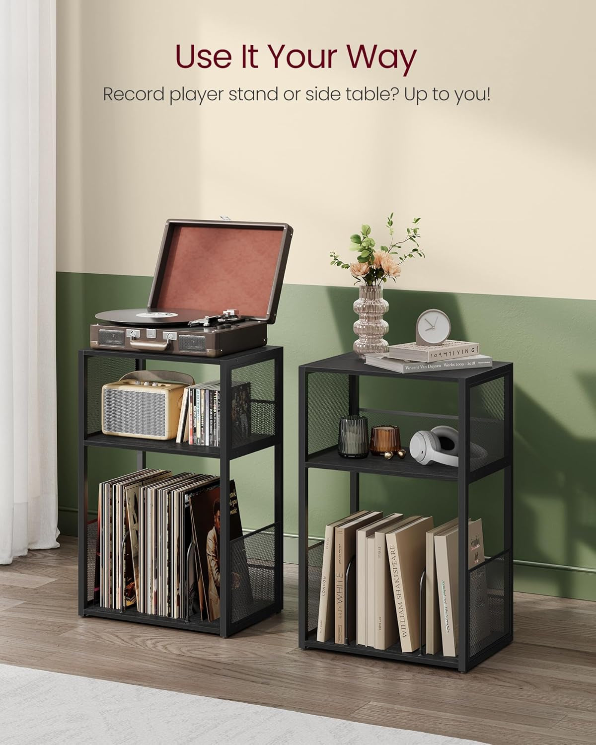 Ebony black 3 tier record player stand side table with vinyl storage, view 6