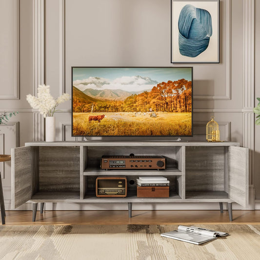 TV Stand for 65 Inch TV, Mid Century Modern TV Stand, Entertainment Center with Storage Cabinet and Open Shelves, TV Console Table Media Cabinet for Living Room, and Bedroom (Gray)