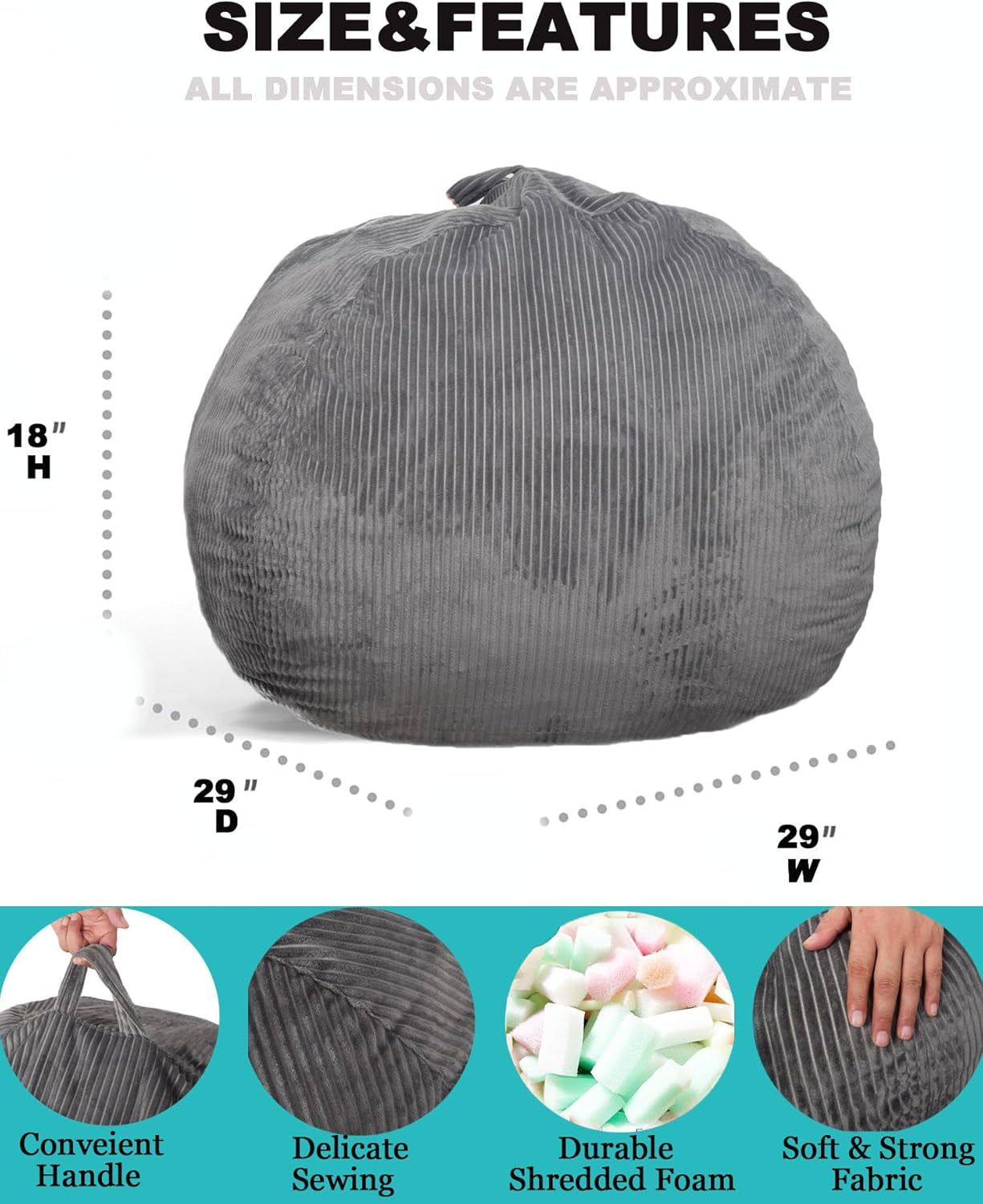 Classic Bean Bag Chair, with Faux Rabbit Fur Cover for Teens and Kids, Memory Foam Bean Bag Chairs, Ultra Soft Faux Fur Fabric, 2.5 Feet round Fluffy Bean Bag Sofa